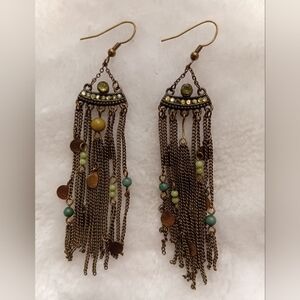 Bohemian Gold Toned and Green Dangle Earrings